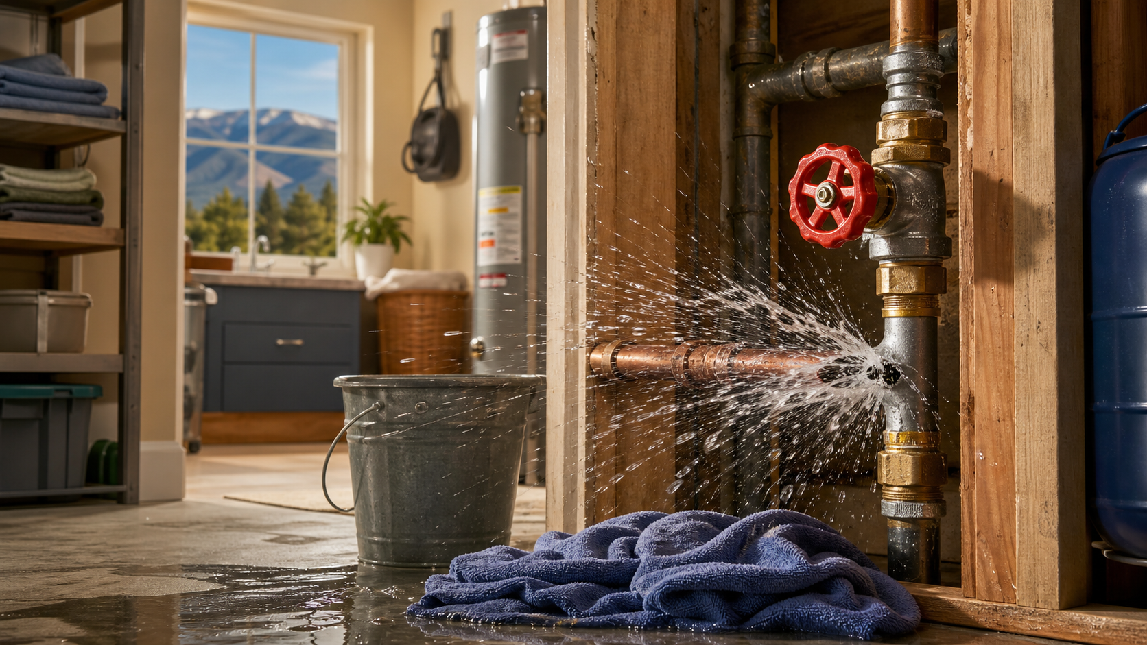 Burst pipe in a home utility area with a red water shutoff valve, bucket, towels, and water on the floor