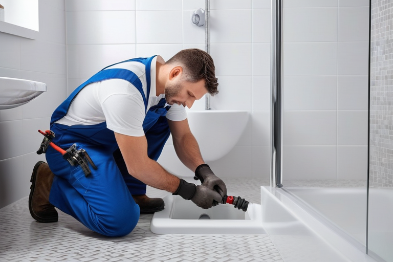 Professional plumber using drain snake on Boise home bathroom drain